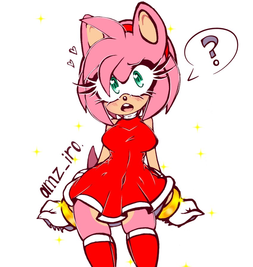 accessory anthro bracelet clothing dress female fur gloves green_eyes hair_accessory hairband handwear heart_eyes heart_symbol jewelry legwear navel pink_body pink_fur solo sparkles thigh_highs amz_iro sega sonic_the_hedgehog_(series) amy_rose eulipotyphlan hedgehog mammal