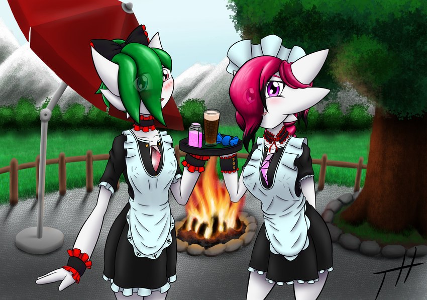 3_fingers beverage bonfire clothing detailed_background duo female fingers green_hair hair hair_over_eye hand_behind_back happy looking_at_viewer maid_apron maid_collar maid_headdress maid_uniform not_furry one_eye_obstructed purple_eyes red_eyes red_hair serving_tray slim_female smile smiling_at_viewer uniform ghostth39 nintendo pokemon ruby_(ghostth39) gardevoir generation_3_pokemon humanoid pokemon_(species) 2023 absurd_res hi_res signature