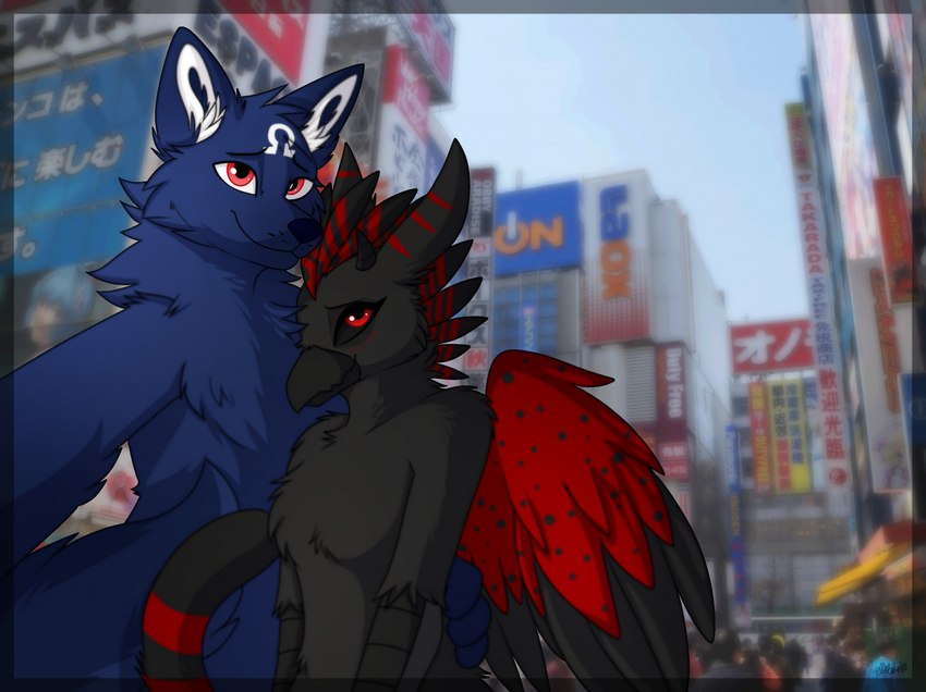 akihabara anthro duo female japan male male/female selfie ryelletibun mythology omega avian canid canine canis gryphon mammal mythological_avian mythological_creature wolf poppy_(disambiguation)