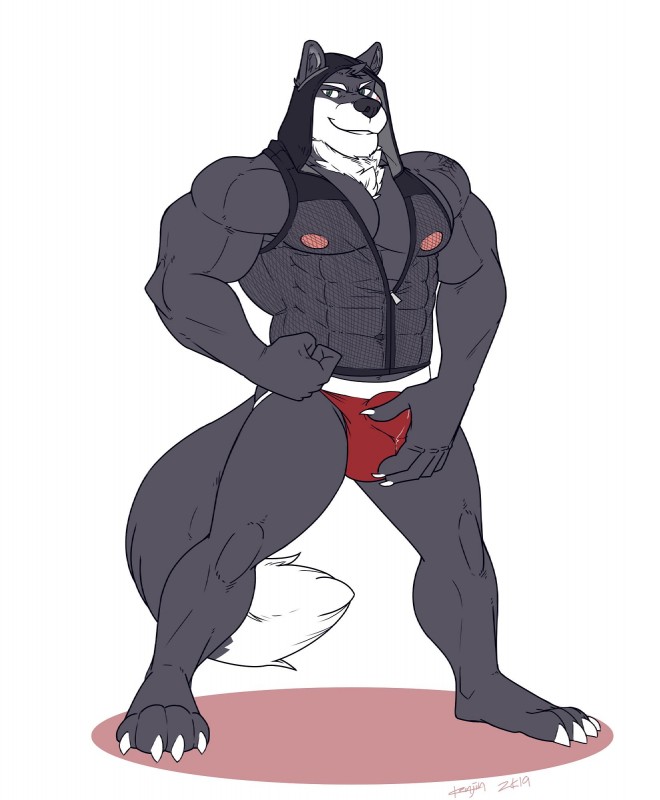 anthro bodily_fluids bulge clothed clothing genital_fluids holding_bulge jockstrap looking_at_viewer male muscular muscular_anthro muscular_male precum precum_through_clothing skimpy smile solo standing underwear wet wet_clothing kenjin canid canine canis mammal wolf hi_res