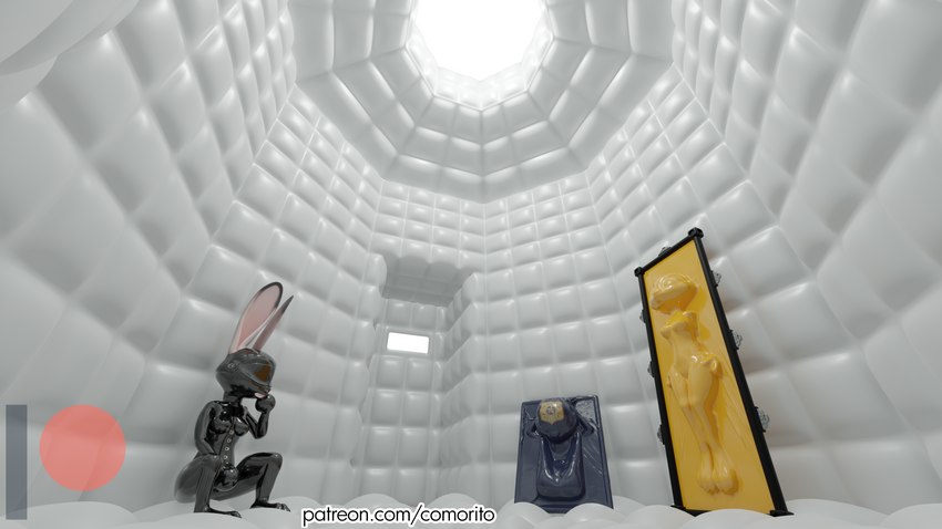 anthro bound encasement female group latex padded_room text trio vacuum_bed comorito disney zootopia judy_hopps lagomorph leporid mammal rabbit 16:9 3d_(artwork) absurd_res digital_media_(artwork) hi_res url widescreen