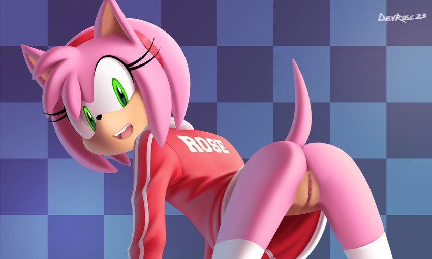 anthro anus black_nose butt clothed clothing eyelashes female genitals green_eyes happy labia_minora legwear looking_at_viewer looking_back open_mouth open_smile pink_body pink_tail presenting presenting_anus presenting_hindquarters presenting_pussy pussy raised_tail red_clothing red_topwear smile solo tail teeth text tongue topwear devo87 sega sonic_the_hedgehog_(series) amy_rose eulipotyphlan hedgehog mammal 2023 5:3 artist_name digital_media_(artwork) english_text