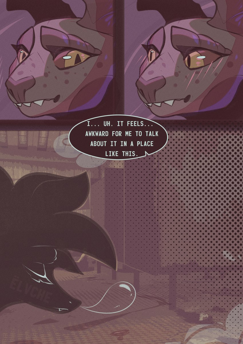 blush detailed_background dialogue eyes_closed fangs female horn looking_at_another looking_forward nose_bubble pink_blush pupils shower sleeping slit_pupils speech_bubble teeth text yellow_eyes conditional_dnp elvche fallout microsoft lazy_(elvche) turo deathclaw scalie 2021 comic digital_media_(artwork) english_text hi_res signature