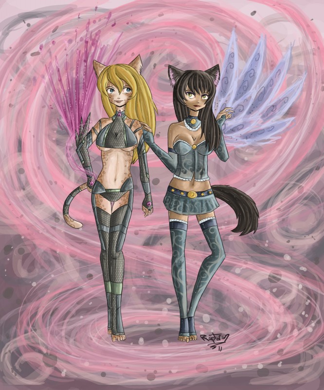 anthro armor black_body black_fur black_hair breasts brown_body brown_fur clothed clothing duo female fur gem green_eyes hair legwear magic navel skimpy smile spots unconvincing_armor white_body white_fur yellow_eyes raptor007 lalee song_(raptor007) felid mammal 2011 digital_media_(artwork) hi_res