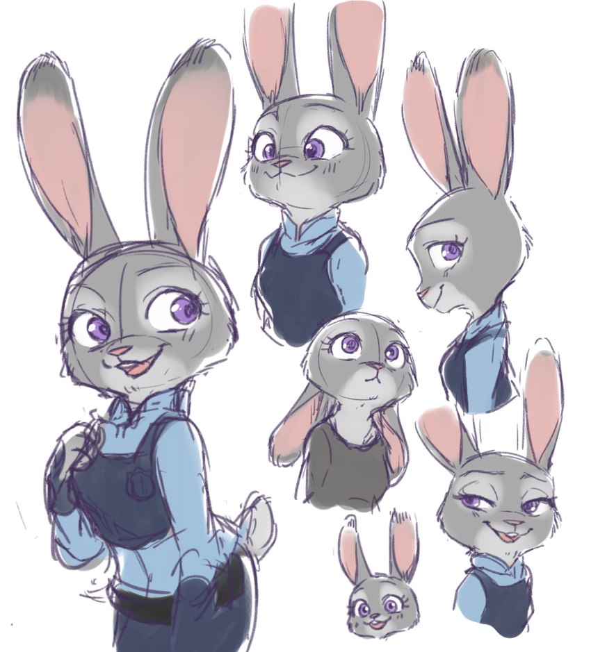 anthro clothed clothing female fully_clothed fur grey_body grey_fur multiple_poses open_mouth open_smile pose purple_eyes simple_background smile solo white_background chu_twst disney zootopia judy_hopps lagomorph leporid mammal rabbit 2021 hi_res