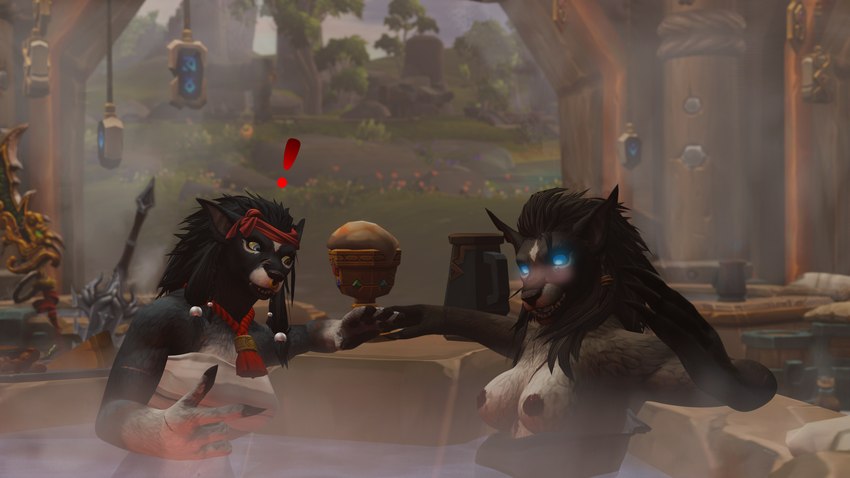 anthro blush breasts clothing death_knight duo female female/female glowing glowing_eyes hot_spring wardrobe_malfunction water wicust blizzard_entertainment warcraft su_(wicust) canid mammal undead werecanid werecreature worgen 16:9 3d_(artwork) absurd_res digital_media_(artwork) hi_res widescreen
