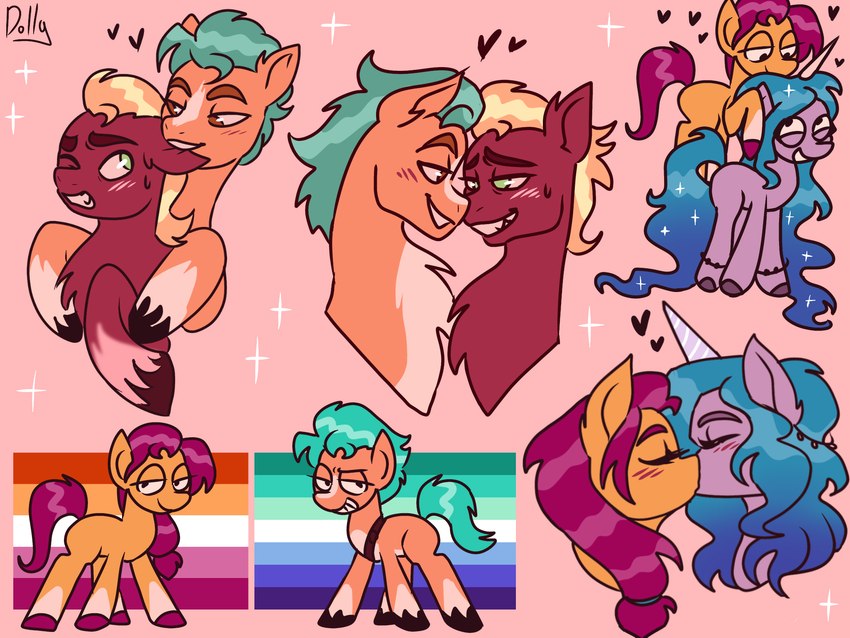 bite blush bodily_fluids ear_bite female grin heart_symbol kissing lesbian_pride_colors lgbt_pride male male/male orange_lesbian_pride_colors pride_color_background pride_colors simple_background smile sparkles sweat vincian_pride_colors the-fucking-cannabal hasbro mlp_g5 my_little_pony hitch_trailblazer_(mlp) izzy_moonbow_(mlp) sprout_cloverleaf_(mlp) sunny_starscout_(mlp) equid equine horse mammal pony 4:3 hi_res