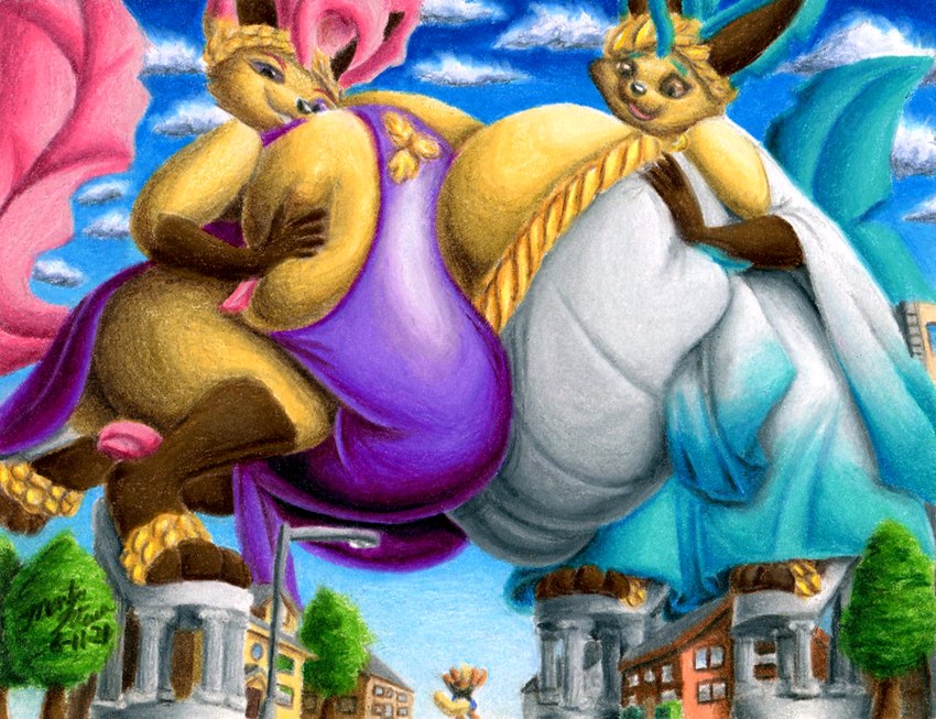 anthro big_breasts breast_squish breasts breasts_frottage butt clothing female female/female group holding_breast huge_breasts hyper hyper_breasts looking_up macro male squish standing_on_building street_lamp toga trio eclipsis_(artist) nintendo pokemon eeveelution flareon generation_1_pokemon generation_4_pokemon leafeon pokemon_(species)