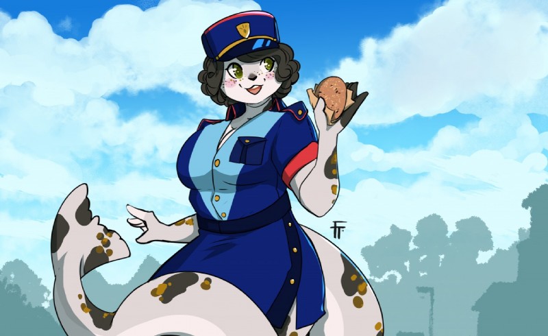 big_breasts black_hair breasts clothing day detailed_background female food hair outside sky smile solo uniform firetally denise_dixon_(character) mammal marine pinniped seal 2019