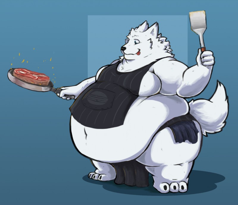 anthro apron beef belly belly_overhang big_belly claws clothed clothing cooking cookware food frying_pan fur holding_object kitchen_spatula kitchen_utensils male meat moobs navel obese obese_anthro obese_male overweight overweight_anthro overweight_male skimpy solo spatula standing steak thick_thighs toe_claws tongue tongue_out tools white_body white_fur gritzoz arctic_fox canid canine fox mammal true_fox hi_res