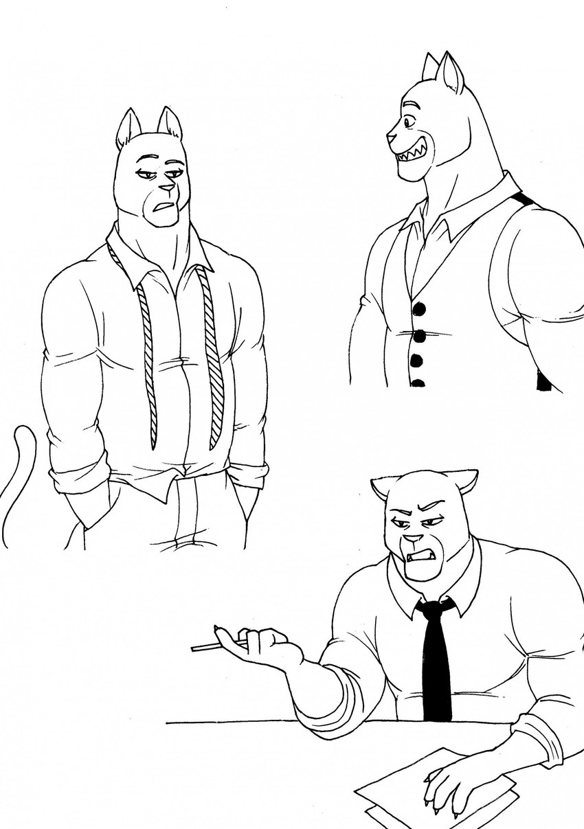 5_fingers anthro claws clothed clothing finger_claws fingers fur grin hands_in_both_pockets humanoid_hands male necktie paper pen smile solo teeth bernielover blacksad john_blacksad domestic_cat felid feline felis mammal 2023 hi_res monochrome