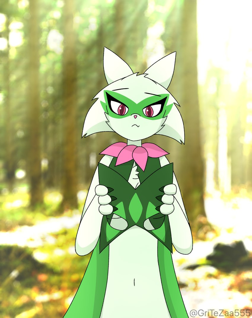 detailed_background eyeshadow female florest fur green_body green_fur makeup mas mask pink_eyes pink_nose plant red_eyes solo tree unmasking gritezaa555_(artist) nintendo pokemon aika domestic_cat felid feline felis generation_9_pokemon mammal meowscarada pokemon_(species) hi_res