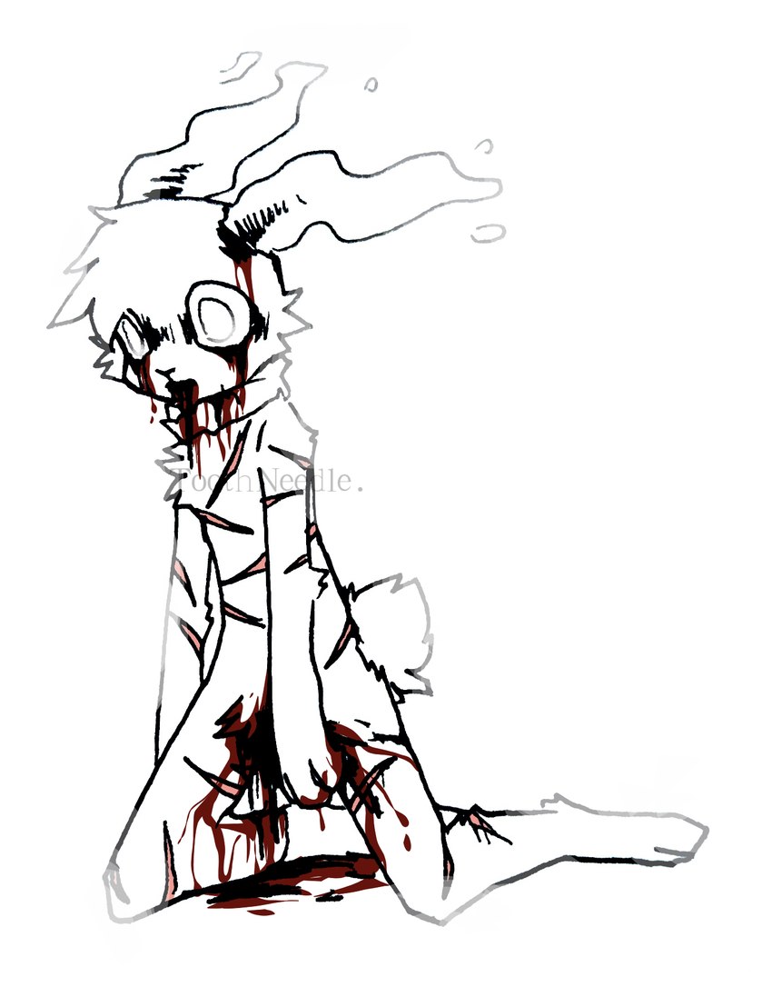 anthro blank_stare blood blood_from_eye blood_in_mouth blood_on_face bodily_fluids chest_tuft dead_eyes death fur kneeling laceration male nude solo tuft white_body white_fur wounded toothneedle sorel lagomorph mammal hi_res restricted_palette