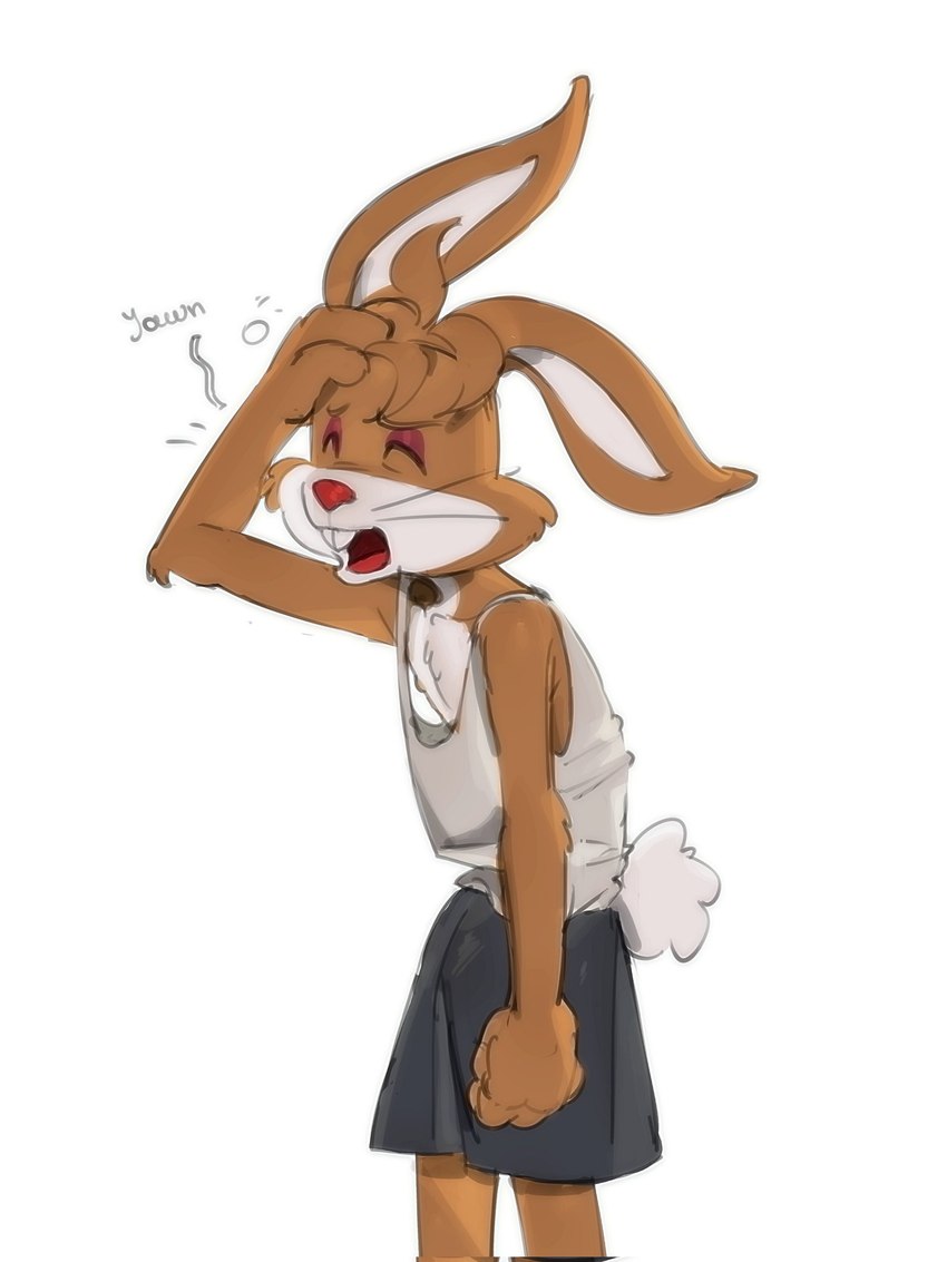 ambiguous_gender anthro bottomwear brown_body brown_fur clothed clothing eyes_closed fur mascot open_mouth scut_tail shirt short_tail shorts solo tail tank_top toony topwear whiskers yawn kogito nesquik nesquik_bunny lagomorph leporid mammal rabbit hi_res