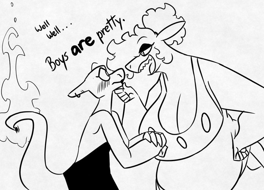 anthro big_breasts breasts cleavage clothed clothing crossdressing dialogue dominant dominant_female duo eyeshadow female femboy fire flaming_tail furgonomics furry-specific_piercing horn horn_piercing larger_female lipstick makeup male male/female piercing size_difference smaller_male tail talking_to_another nerdyreindeer nintendo pokemon aversa_(nerdyreindeer) calli_(nerdyreindeer) charmeleon generation_1_pokemon generation_2_pokemon lizard mammal pokemon_(species) reptile scalie typhlosion monochrome sketch