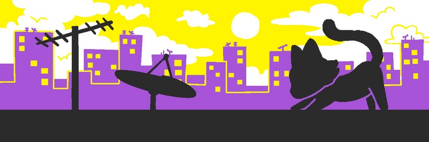 ambiguous_gender banner_image city cityscape cloud day feral fur lgbt_pride nonbinary_pride_colors outside pride_color_palette pride_colors quadruped satellite_dish sky solo stretching sun tail lottory domestic_cat felid feline felis mammal 2023 3:1 digital_media_(artwork) restricted_palette