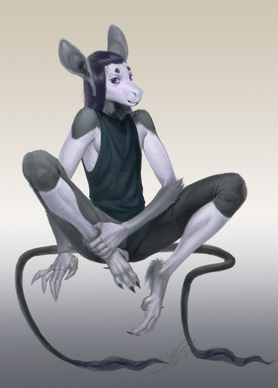 anthro biped clothed clothing fur hair looking_at_viewer male shirt simple_background sitting smile solo tank_top topwear daryabler unknown_species absurd_res hi_res