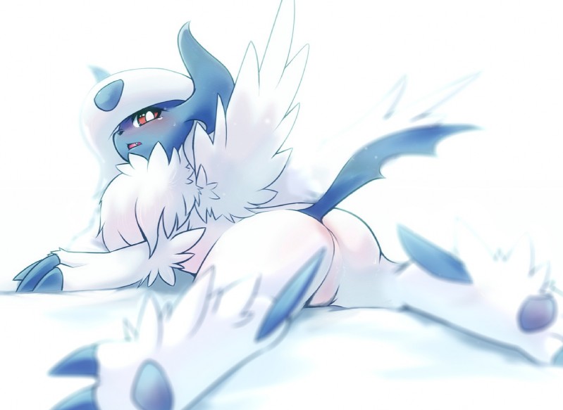 ambiguous_gender blue_body blush butt chest_tuft feral fur hair horn looking_at_viewer looking_back lying neck_tuft on_front red_eyes solo spread_legs spreading tuft white_body white_fur rag._(artist) nintendo pokemon generation_6_pokemon mega_absol mega_evolution pokemon_(species)