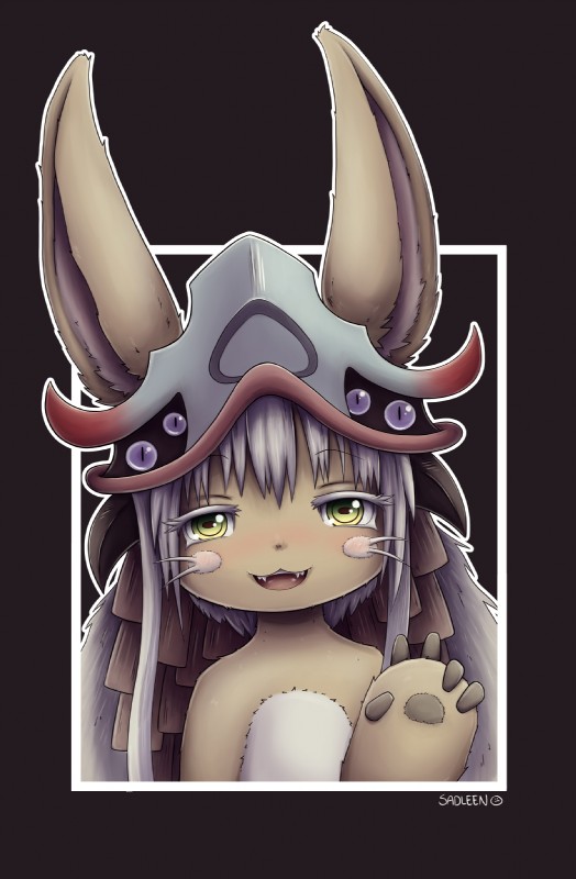 anthro blush female fur gesture hair hand_gesture kemono looking_at_viewer open_mouth simple_background smile solo v_sign white_hair young sadleen made_in_abyss nanachi lagomorph leporid mammal narehate rabbit 2019 digital_media_(artwork) hi_res