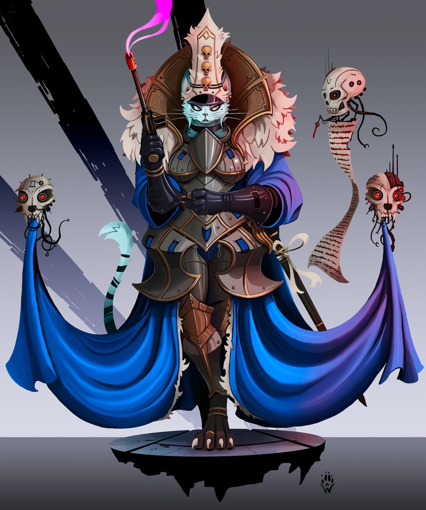 anthro armor blue_body blue_fur bone boob_armor clothing electronics feline_skull female floating_skull fur fur_cloak gun hat headgear headwear holding_gun holding_object holding_ranged_weapon holding_weapon human_skull markings ranged_weapon servo_skull sheathed_sword skull solo striped_markings striped_tail stripes tail tail_markings weapon wolfdawg warhammer_(franchise) warhammer_40000 felid feline felinid mammal posthuman hi_res