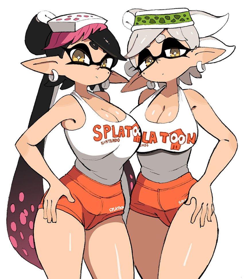 big_breasts bottomwear breasts cleavage clothed clothing duo ear_piercing ear_ring female piercing ring_piercing shorts yuta_agc hooters nintendo splatoon callie_(splatoon) marie_(splatoon) squid_sisters_(splatoon) animal_humanoid cephalopod cephalopod_humanoid humanoid inkling marine marine_humanoid mollusk mollusk_humanoid hi_res