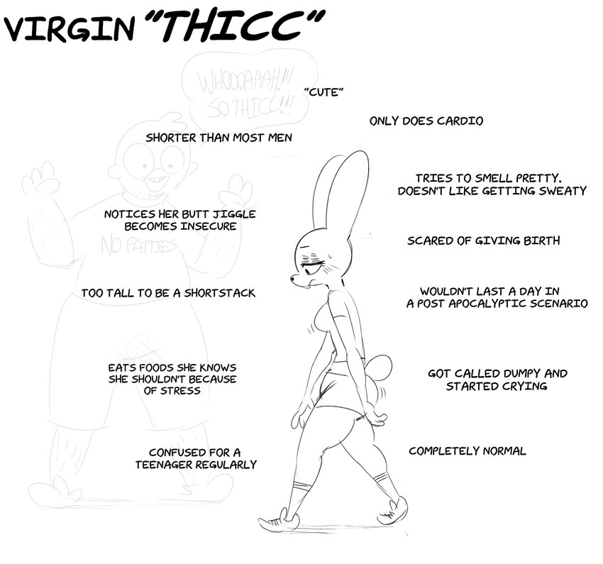 anthro bottomwear breasts buckteeth butt clothing duo exclamation_point female footwear looking_down male pants shirt shoes shorts socks teeth text text_on_clothing text_on_shirt text_on_topwear topwear sunibee virgin_vs._chad human lagomorph leporid mammal rabbit english_text hi_res meme monochrome