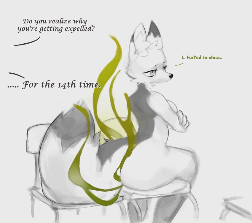 anthro big_butt black_body black_fur breasts butt chair crossed_arms dialogue facial_tuft fart fart_cloud female fluffy fluffy_tail fur furniture head_tuft inner_monologue looking_away neck_tuft nude sitting smelly solo stink_fumes stink_lines tail talking_to_another text thinking tuft white_body white_fur lichee pepper_(lichee) canid canine fox hybrid mammal mephitid skunk 2023 english_text hi_res