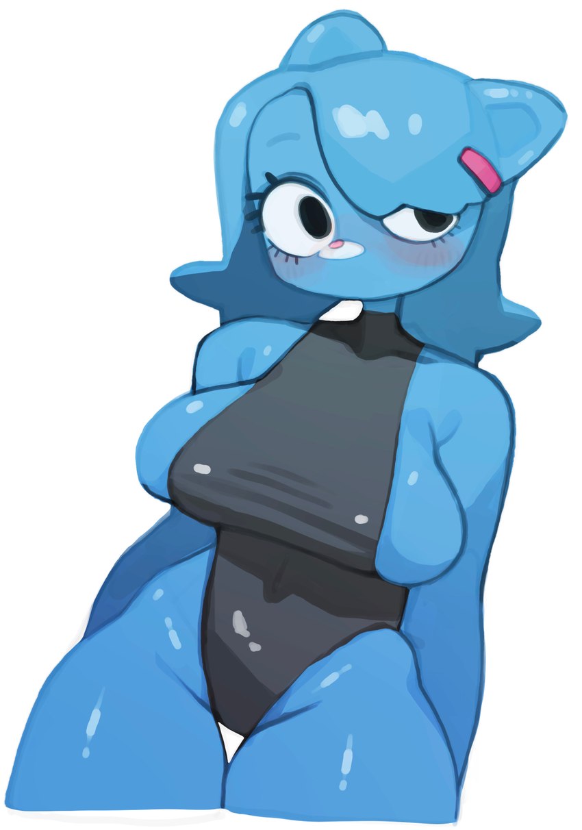 anthro black_one-piece_swimsuit blue_body blush breasts clothing female one-piece_swimsuit simple_background solo swimwear turtleneck_swimsuit lumpypaca cartoon_network the_amazing_world_of_gumball nicole_watterson domestic_cat felid feline felis mammal hi_res