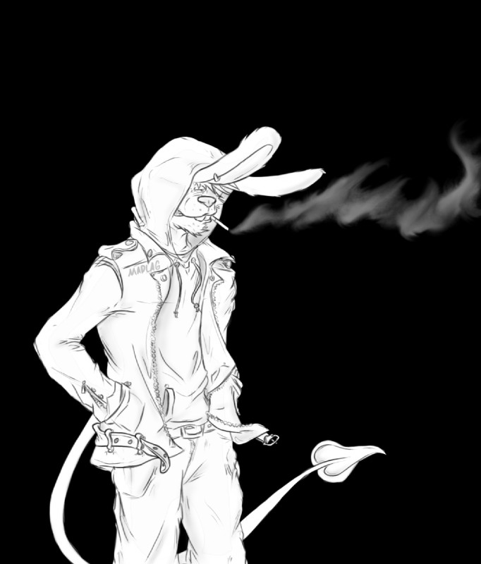 anthro buckteeth clothed clothing cold ear_piercing front_view fur hoodie jacket jewelry leather leather_clothing leather_jacket leather_topwear long_ears male piercing pose smoke smoking solo spade_tail standing tail teeth topwear madlag wrath_(madlag) demon lagomorph leporid mammal rabbit 2019 alpha_channel digital_drawing_(artwork) digital_media_(artwork) hi_res monochrome portrait