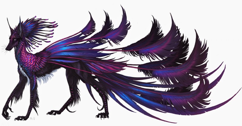 ambiguous_gender black_nose claws feathers feral purple_body purple_feathers simple_background solo standing white_background nukerooster feonix 2018 digital_media_(artwork)