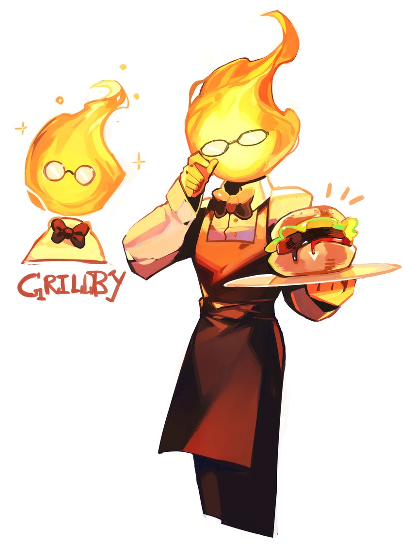 adjusting_eyewear apron bow_tie burger clothing eyewear fire food glasses platter simple_background sparkles standing text waiter wearing_glasses white_background firebay undertale undertale_(series) grillby elemental_creature elemental_humanoid fire_creature fire_humanoid humanoid 2023 absurd_res digital_media_(artwork) digital_painting_(artwork) hi_res portrait three-quarter_portrait