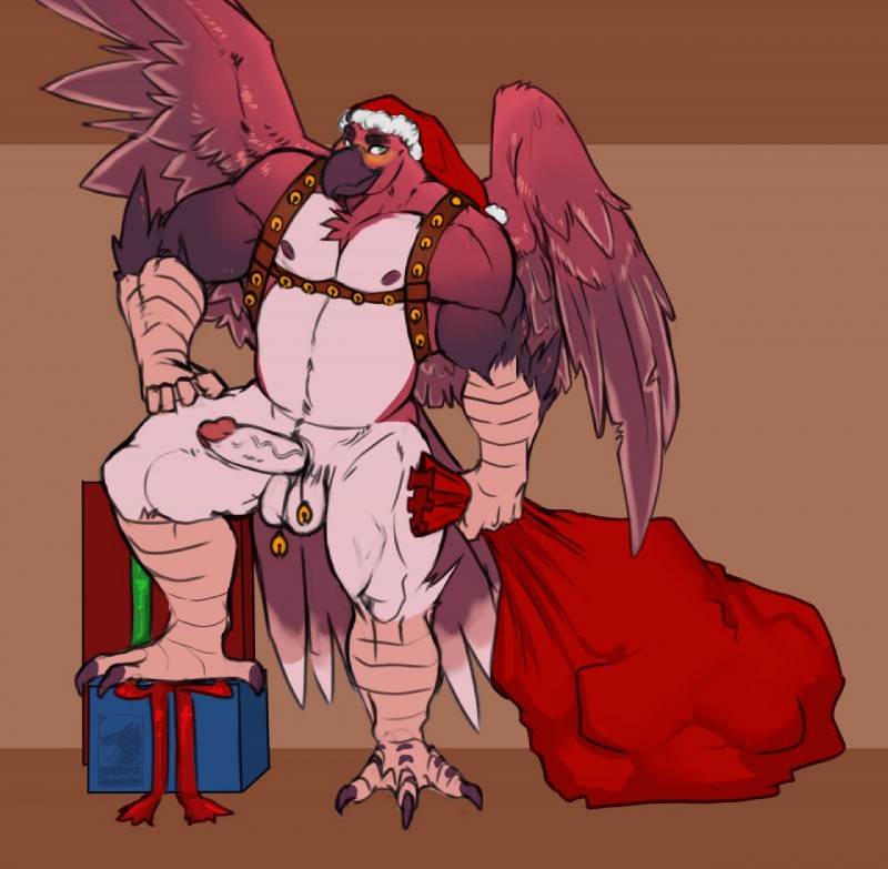 4_toes anisodactyl anthro bag balls beak bell bell_harness chest_tuft christmas_clothing christmas_headwear clothing erection feathered_wings feathers feet genitals gift harness hat headgear headwear holidays humanoid_genitalia humanoid_penis jingle_bell jingle_bell_harness looking_at_viewer male musclegut muscular muscular_anthro muscular_male nude penis santa_hat smile solo standing toes tuft wings blood_infestation christmas zary_(zarycolour) avian bird cardueline cardueline_finch common_rosefinch finch fringillid oscine passerine rosefinch true_finch hi_res