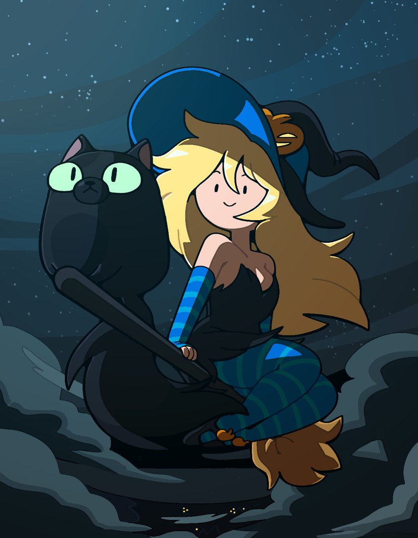 alternate_color alternate_costume ambiguous_gender black_body black_fur blonde_hair broom broom_riding cleaning_tool clothing dot_eyes duo female feral footwear fur hair hat headgear headwear magic_user night shoes simple_eyes sitting smile toony witch witch_hat discount-supervillain adventure_time cartoon_network fionna_and_cake cake_the_cat fionna_the_human domestic_cat felid feline felis human mammal hi_res