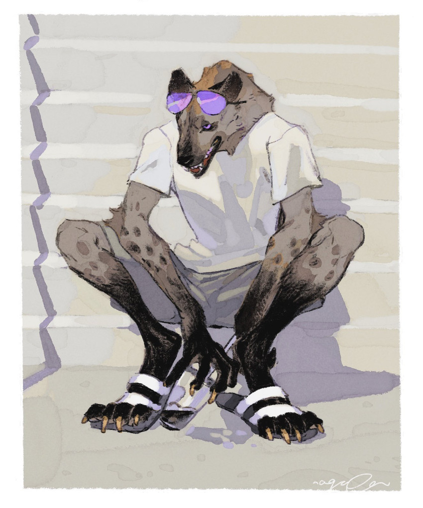 4_toes anthro beverage bottomwear claws clothed clothing crouching eyewear eyewear_on_head feet footwear male sandals shoes shorts solo sunglasses sunglasses_on_head teeth toe_claws toes mucknagabe hyena mammal spotted_hyena hi_res