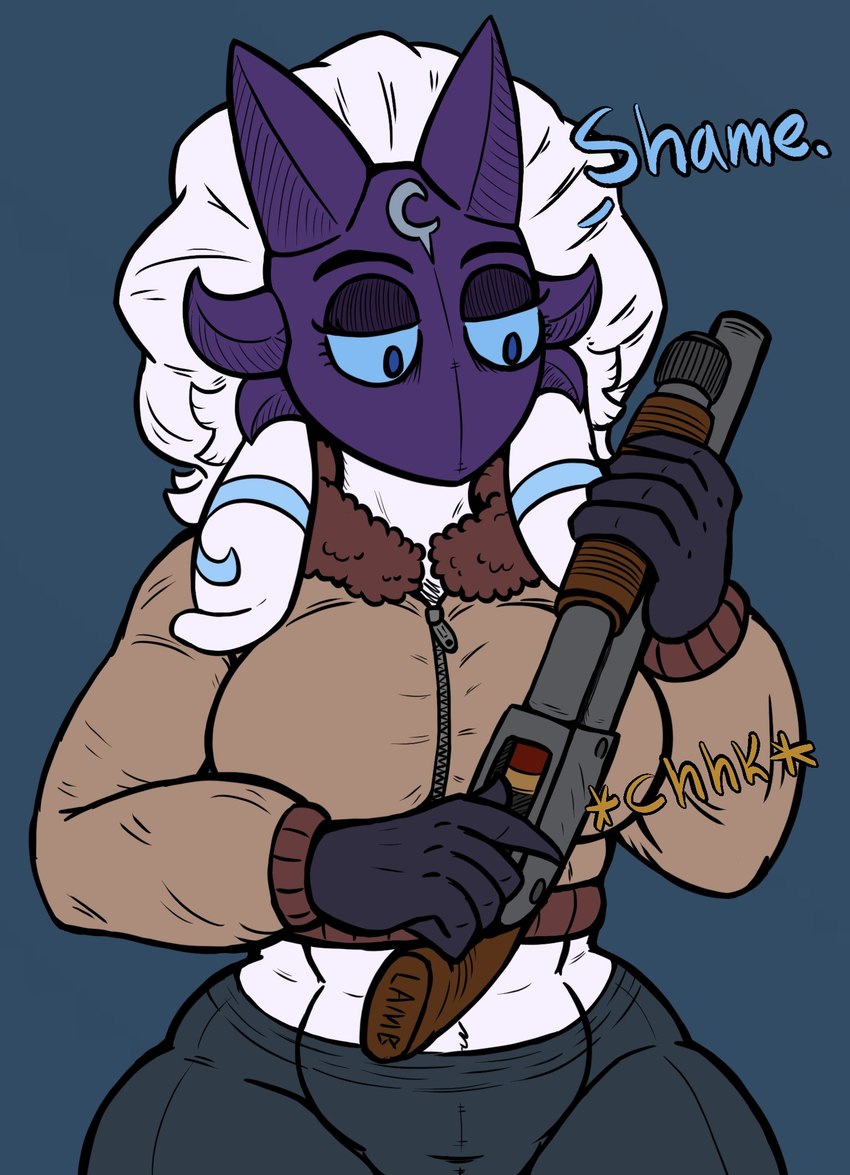 anthro big_breasts blue_eyes blue_markings blue_sclera bottomwear breasts clothed clothing dialogue ear_markings eyebrows female female_anthro floppy_ears fully_clothed fully_clothed_anthro fully_clothed_female fur grey_background gun hair half-closed_eyes holding_gun holding_object holding_ranged_weapon holding_shotgun holding_weapon loading_gun lop_ears markings mask midriff narrowed_eyes onomatopoeia pants ranged_weapon reloading shotgun simple_background solo sound_effects sweater text topwear weapon wearing_mask white_body white_fur white_hair wide_hips yoga_pants crybabytomix league_of_legends riot_games tencent kindred_(lol) lamb_(lol) bovid caprine mammal 2023 colored digital_drawing_(artwork) digital_media_(artwork) english_text hi_res meme portrait three-quarter_portrait