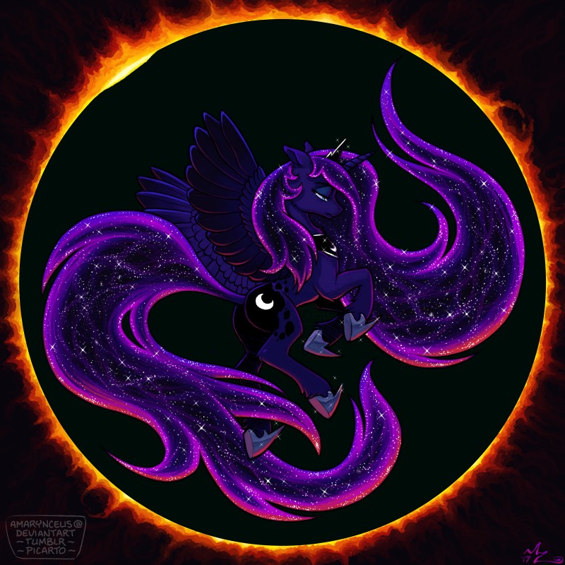 cosmic_hair crown cutie_mark dark eclipse ethereal_hair feathered_wings feathers female flying half-closed_eyes headgear horn narrowed_eyes pseudo_hair solar_eclipse solo spread_wings teal_eyes wings amarynceus friendship_is_magic hasbro my_little_pony mythology princess_luna_(mlp) equid equine mammal mythological_creature mythological_equine winged_unicorn 1:1 2017 absurd_res hi_res