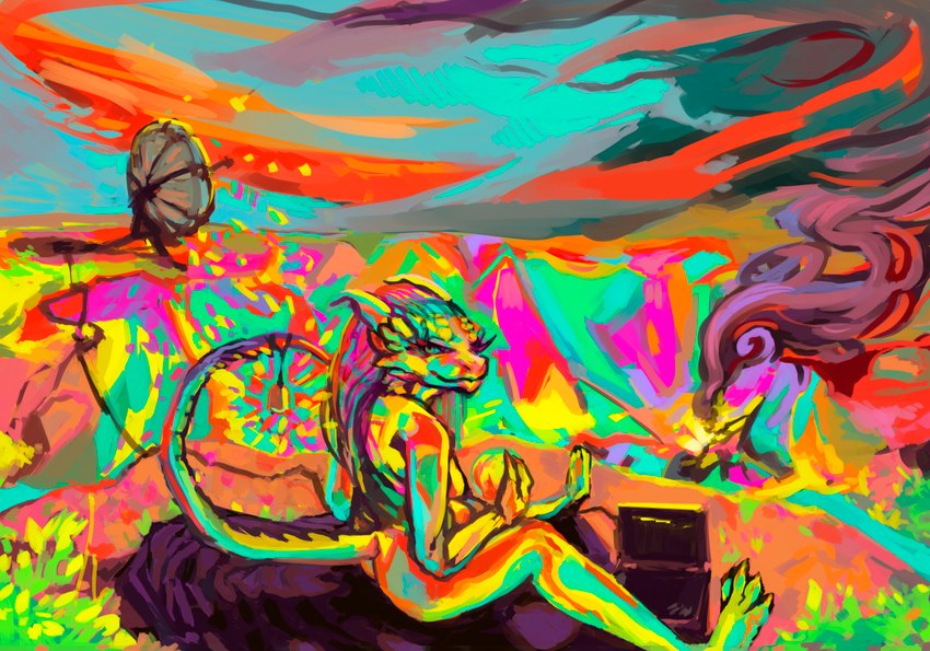 anthro bright_colors explosion feet female glistening glistening_body holding_object iridescent iridescent_scales landscape neon rainbow raised_tail relaxing solo sparklefur spread_toes tail toes executableabby microsoft mythology the_elder_scrolls animal_humanoid argonian dragon dragon_humanoid humanoid mythological_creature mythological_scalie scalie