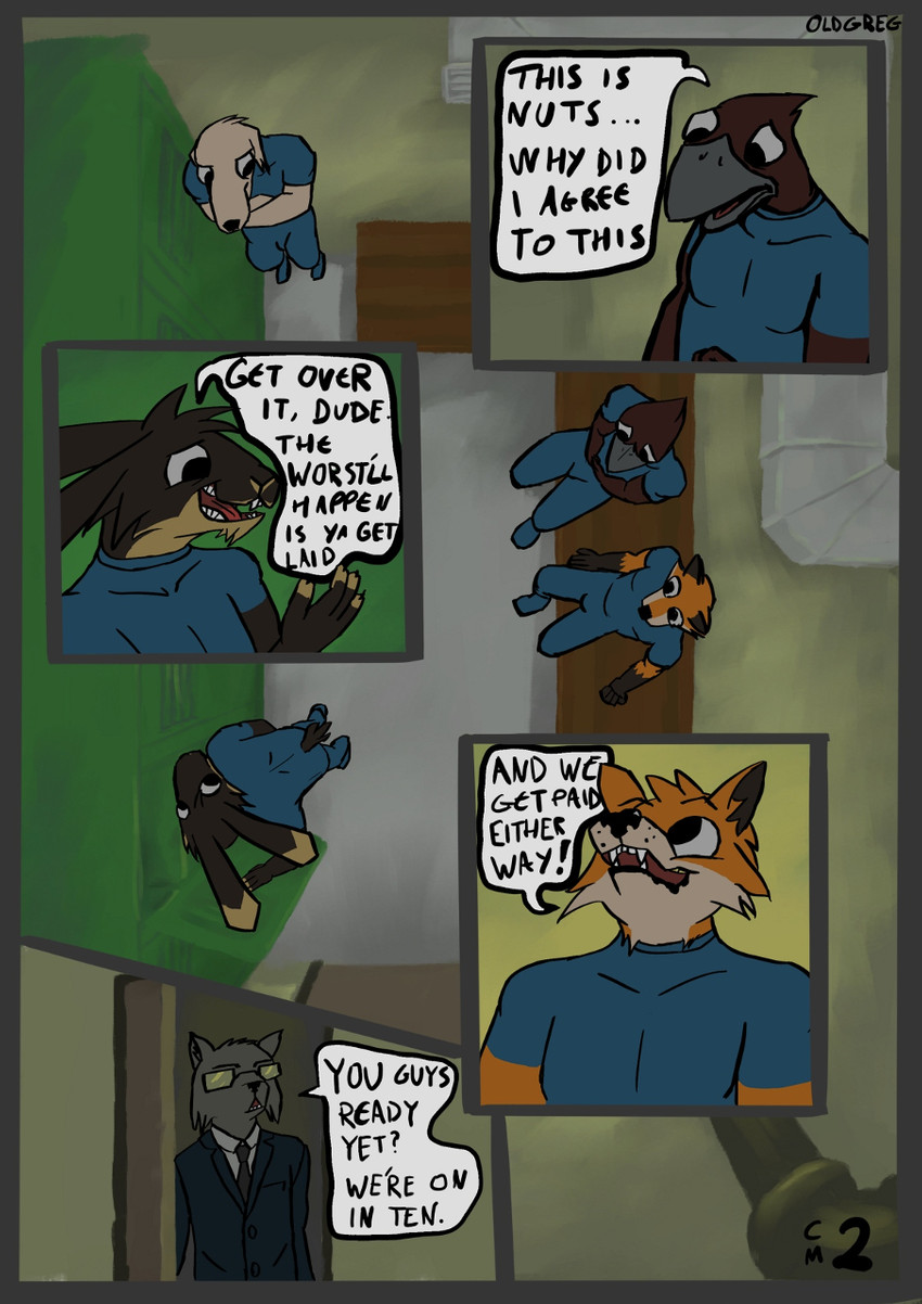 ambiguous_gender anthro dialogue game_show locker locker_room male sitting speech_bubble standing text oldgreg avian bird canid canine canis domestic_dog fox lagomorph leporid mammal rabbit comic english_text hi_res