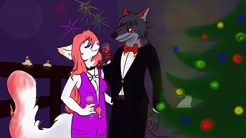 alcohol anthro balcony beverage black_eyes black_nose bow_tie breasts candle choker christmas_decorations christmas_lights christmas_tree cleavage clothed clothing container cup dress duo eyes_closed female fireworks fluffy fluffy_tail fully_clothed fur hair half-closed_eyes happy holidays inner_ear_fluff jewelry long_hair long_tail male male/female multicolored_body multicolored_fur narrowed_eyes necklace night pink_hair pink_nose plant smoking tail toasting toony tree tuft white_body white_fur wine sillypanzon christmas new_year artemis_tsukino lycos_ryugen canid canine canis domestic_cat felid feline felis mammal wolf 16:9 hi_res widescreen