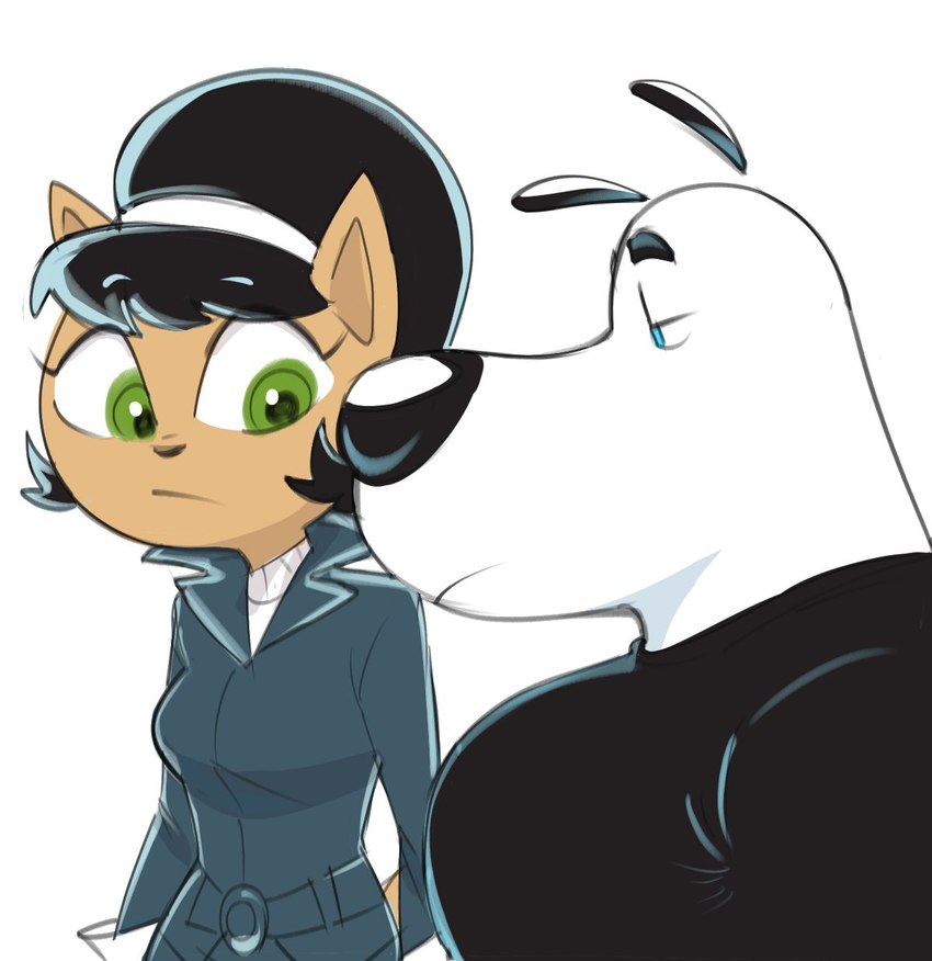 accessory anthro belt big_breasts big_eyes big_iris big_nose big_snout biped black_clothing black_ears black_eyebrows black_hair black_nose black_shirt black_t-shirt black_topwear blue_belt blue_bottomwear blue_clothing blue_eyes blue_jacket blue_pants blue_topwear bottomwear breasts clothed clothed_anthro clothed_female clothed_male clothing duo eyebrow_through_hair eyebrows eyelashes female floating_ears fully_clothed fully_clothed_anthro fully_clothed_female fur glistening glistening_eyes glistening_nose gloves green_eyes hair hair_accessory hairband half-closed_eyes handwear humor iris jacket light_body light_fur looking_at_another looking_at_chest looking_down male medium_hair monotone_body monotone_fur mouth_closed narrowed_eyes no_pupils pants prick_ears pupils shirt simple_background snout standing sweater t-shirt tan_body tan_ears tan_fur thick_eyebrows three-quarter_view topwear translucent translucent_hair turtleneck white_background white_body white_clothing white_fur white_gloves white_hairband white_handwear white_sweater white_topwear dbaru girl_staring_at_man's_chest nickelodeon t.u.f.f._puppy dudley_puppy kitty_katswell canid canine canis domestic_cat domestic_dog felid feline felis mammal 2024 digital_drawing_(artwork) digital_media_(artwork) hi_res meme