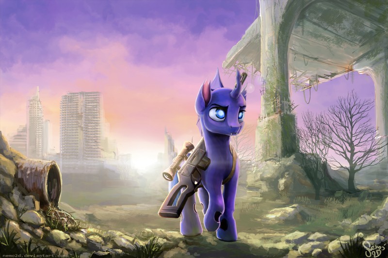 ambiguous_gender blue_eyes day detailed_background feral gun hooves horn outside ranged_weapon sky solo standing weapon nemo2d friendship_is_magic hasbro my_little_pony fan_character arthropod changeling digital_media_(artwork) digital_painting_(artwork) painting_(artwork)