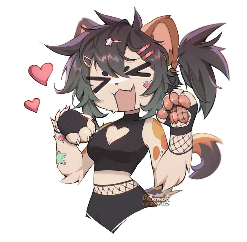 4_fingers accessory anthro black_hair breasts claws clothed clothing female fingers fishnet_clothing fully_clothed fur hair hair_accessory hairclip handpaw heart_symbol highlights_(coloring) kemono midriff open_mouth open_smile orange_spots pawpads paws pink_pawpads smile solo spots stickers_on_body white_body white_fur bitterk4t domestic_cat felid feline felis mammal 2022 digital_drawing_(artwork) digital_media_(artwork) half-length_portrait hi_res portrait