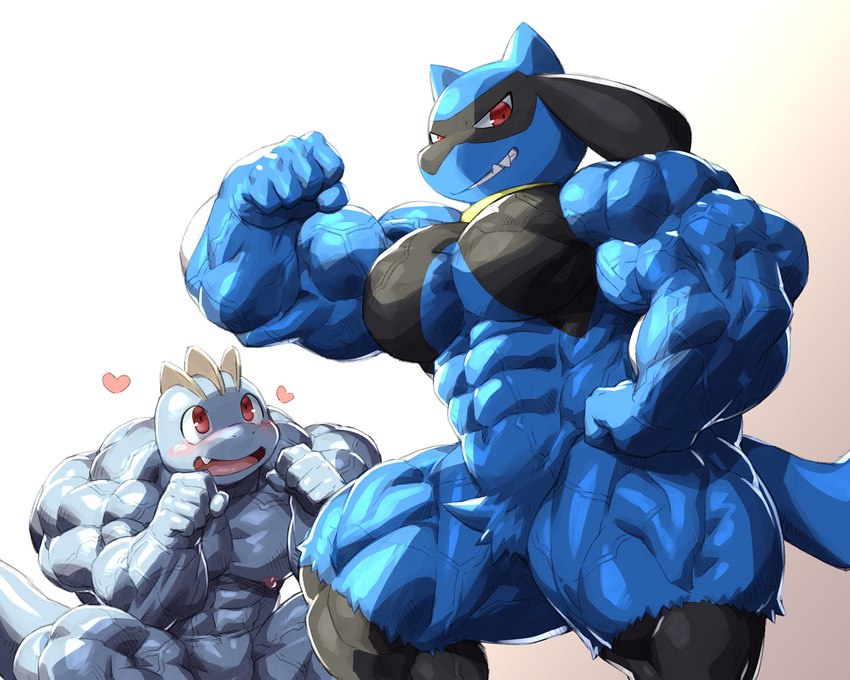 abs anthro biceps big_biceps big_muscles big_pecs biped blue_body blush cute_fangs duo fangs flexing flexing_bicep grey_body grin heart_symbol huge_muscles infatuation looking_at_viewer low-angle_view male muscular muscular_anthro muscular_arms muscular_male muscular_thighs nipples pecs pose red_eyes simple_background sitting smile standing teeth vein veiny_muscles white_background kuroma nintendo pokemon canid canine generation_1_pokemon generation_4_pokemon machop mammal pokemon_(species) riolu 5:4 digital_media_(artwork) hi_res portrait three-quarter_portrait