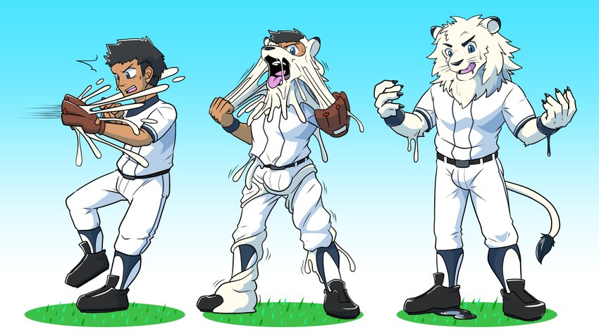 5_fingers after_transformation anthro base_one_layout baseball_glove baseball_uniform belt black_claws black_nose blue_eyes bottomwear bulge claws cleats clothing dripping finger_claws fingers footwear goo_covered goo_transformation gradient_background grass growth male mane mascot mid_transformation motion_lines open_mouth pants plant plantigrade pulling_goo pupils shirt shoes simple_background slit_pupils snout snout_growth socks solo sportswear standing surprised tail tail_tuft teeth tongue tongue_out topwear transformation transformation_sequence tuft uniform whiskers white_body wide_eyed wristband lizardman_(artist) nippon_professional_baseball saitama_seibu_lions leo_(saitama_seibu_lions) felid goo_creature human lion mammal pantherine 16:9 2021 sequence shaded simple_shading widescreen