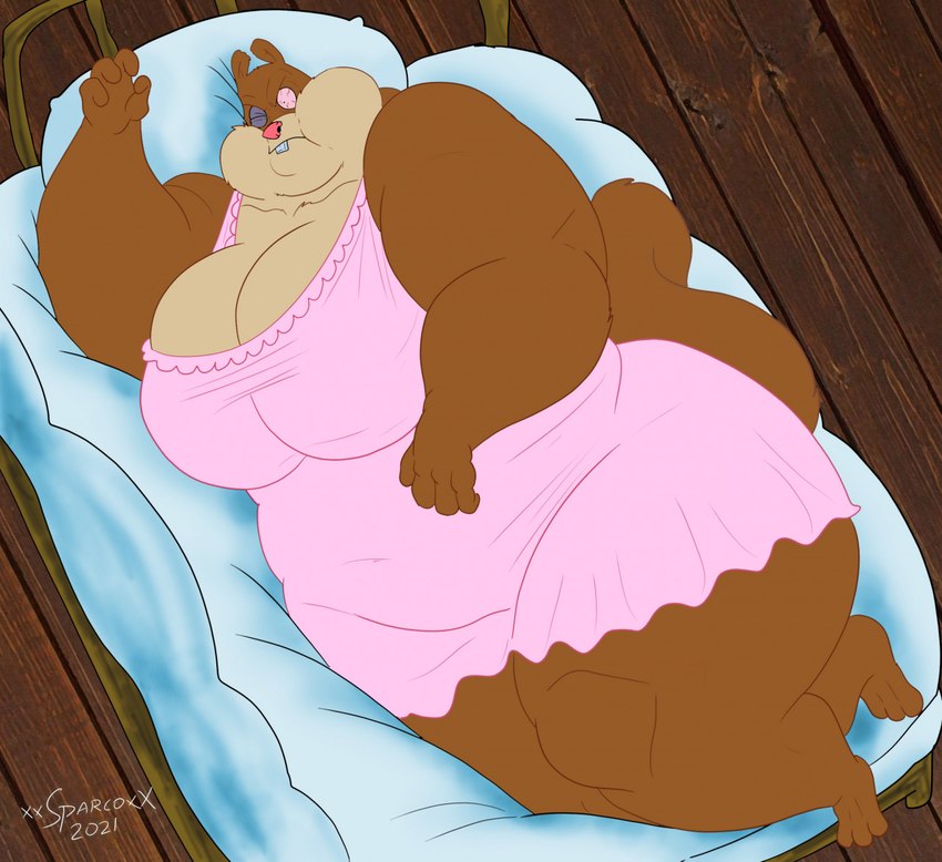 anthro bed belly big_breasts bloodshot_eyes breasts brown_body brown_fur buckteeth clothed clothing female fur furniture huge_breasts multicolored_body multicolored_fur navel_outline nightwear obese obese_anthro obese_female one_eye_closed overweight overweight_anthro overweight_female sandy's_treedome solo teeth thick_thighs two_tone_body two_tone_fur xxsparcoxx nickelodeon spongebob_squarepants sandy_cheeks mammal rodent sciurid tree_squirrel 2021 artist_name digital_media_(artwork) flat_colors