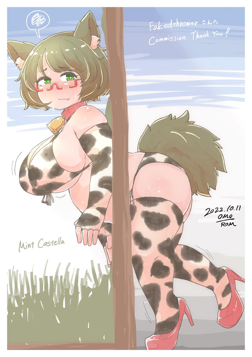 animal_ears animal_print animal_print_bikini animal_print_thigh_highs armwear bare_shoulders bell bell_collar belly big_breasts big_butt bikini blush bodily_fluids border breasts butt clothed clothing collar cow_print cow_print_armwear cow_print_bikini cow_print_thigh_highs cowbell elbow_gloves eyewear fangs female fingerless_gloves flower footwear furrowed_brow glasses gloves green_eyes green_hair hair handwear high_heels inner_ear_fluff legwear looking_at_viewer medium_hair mouth_closed neck_bell noseless on_one_leg outside overweight pattern_bikini pattern_clothing pattern_legwear pattern_swimwear pattern_thigh_highs plant print_clothing print_legwear red_clothing red_footwear shoes side_view slightly_chubby slightly_chubby_female slightly_chubby_humanoid solo speech_bubble standing stuck sweat swimwear tail teeth text thick_thighs thigh_highs through_wall tuft two-piece_swimsuit white_border omo-rom vtuber mint_castella animal_humanoid canid canid_humanoid canine canine_humanoid dog_humanoid humanoid mammal mammal_humanoid 2022 absurd_res character_name dated english_text full-length_portrait hi_res portrait signature