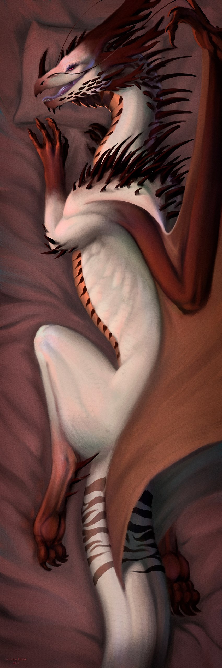 claws dakimakura feral horn looking_at_viewer lying male scales solo tail elurax veoros mythology dragon mythological_creature mythological_scalie scalie 1:3 absurd_res dakimakura_design digital_media_(artwork) hi_res