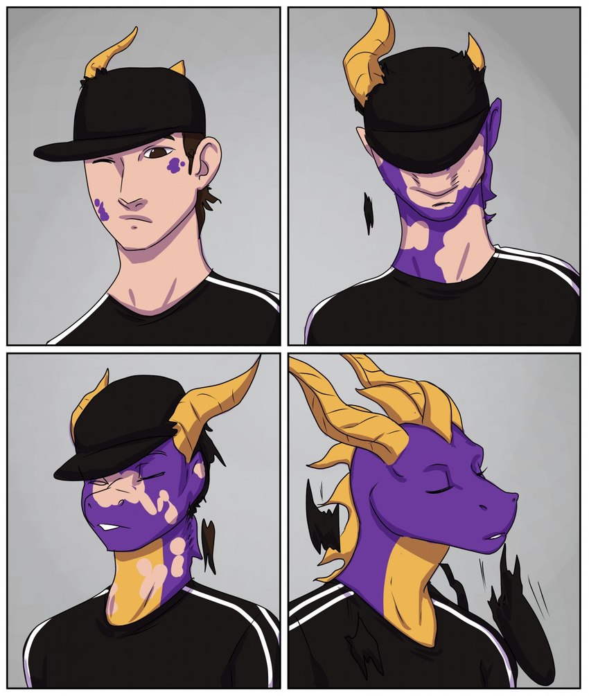 anthro base_two_layout body_part_growth border clothed clothing eyelashes eyes_closed four_frame_grid four_frame_image four_frame_sequence fully_clothed grid_layout growth headgear headwear horn horn_growth human_to_anthro male mid_transformation purple_body purple_scales regular_grid_layout scale_growth scales snout snout_growth solo species_transformation tf_into_fictional_character torn_clothing torn_headwear transformation transformation_sequence two_row_layout white_border rileyomalley activision mythology spyro_the_dragon spyro dragon human mammal mythological_creature mythological_scalie scalie 2019 comic hi_res sequence