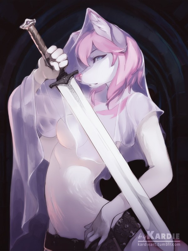 anthro arch archway belt blue_eyes breasts claws clothed clothing featureless_breasts female fur hair inner_ear_fluff looking_at_viewer melee_weapon pink_hair pink_nose solo sword tuft veil weapon white_body white_fur kardie canid canine canis domestic_dog mammal 3:4 hi_res