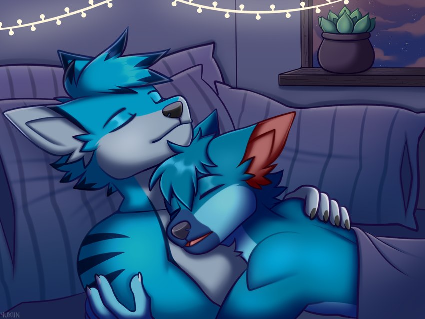 anthro bedding blanket blue_body blue_fur blue_hair cuddling duo eyes_closed fur hair light_stripes male male/male mouth_closed night open_mouth pillow plant sleeping window yukiin folfy_blue frostywolf44 canid canine hybrid mammal 4:3 absurd_res hi_res